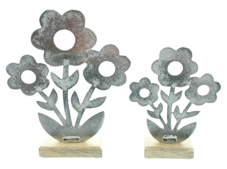 FRANK FLECHTWAREN | Blume Silber , 2er Set, ALUMINIUM, HOLZ, 12,5 x 3,5  x 16,5 cm, 17 x 3,5 x 22 cm