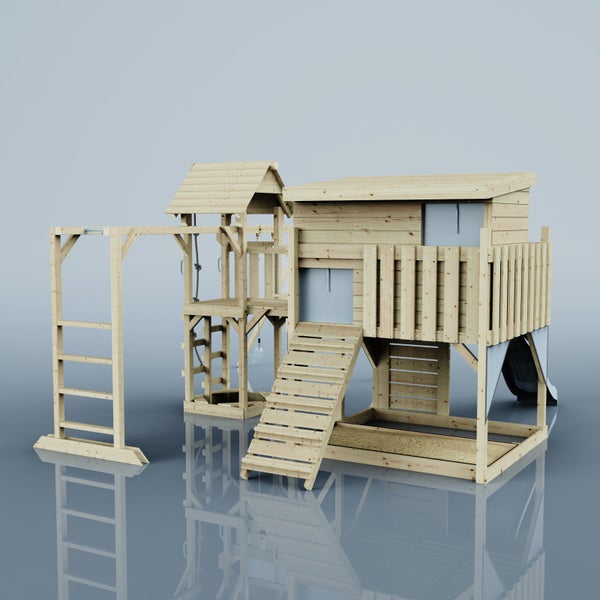 Spielhaus aus Holz mit Klettergerüst und Rutsche für den Garten