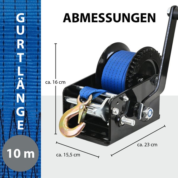Handseilwinde mit einer Gurtlänge von 10 Metern und Haken