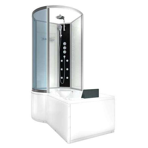 Maßzeichnung einer Dusch-Badewannen-Kombination. Höhe 225 Zentimeter, Breite 170 Zentimeter, Tiefe 98 Zentimeter. Mit Massagedüsen und Sitz.