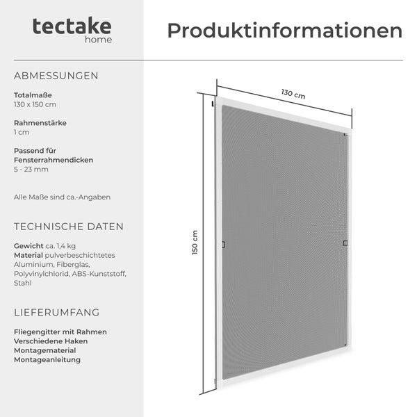 Produktinformationen: Fliegengitter mit Rahmen, 130 x 150 cm