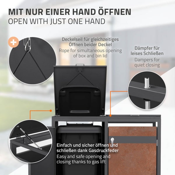 Mülltonnenbox mit Gasdruckfeder, Deckelseil zum gleichzeitigen Öffnen der Deckel und Dämpfern für leises Schließen.