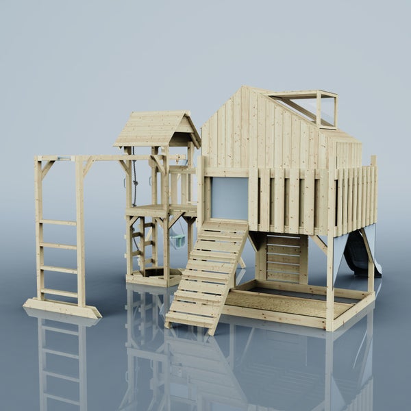 Holzspielhaus mit Rutsche, Schaukel und Klettergerüst für Kinder