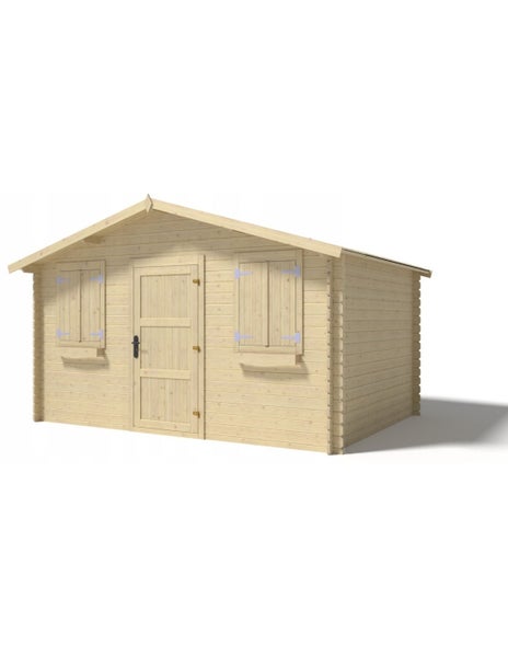 Gartenhaus aus Holz mit Satteldach, einer Tür und zwei Fenstern mit Fensterläden in Blockbohlenbauweise.