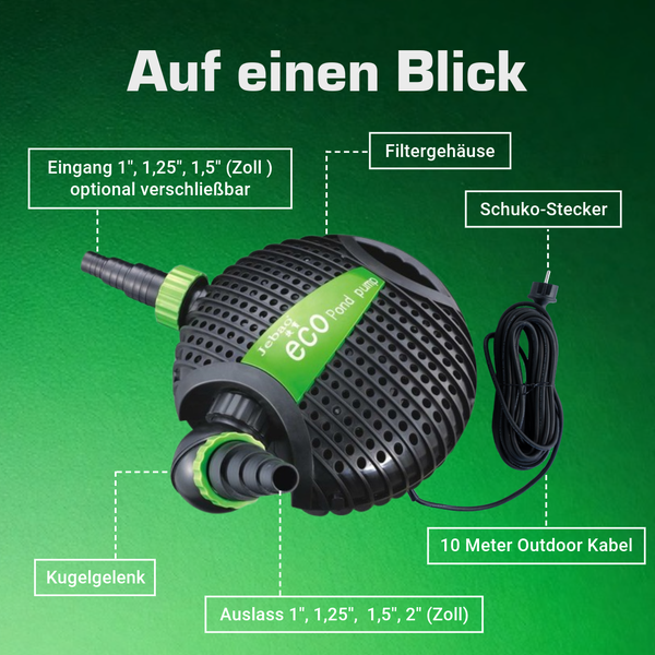 Jebao Eco Teichpumpe im Überblick mit Filtergehäuse, Kugelgelenk, 10 Meter Outdoor-Kabel, Schutzkontakt-Stecker und Anschlüssen von 1 bis 2 Zoll.