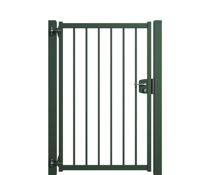 Gartentor aus Metall mit senkrechten Stäben und Schloss