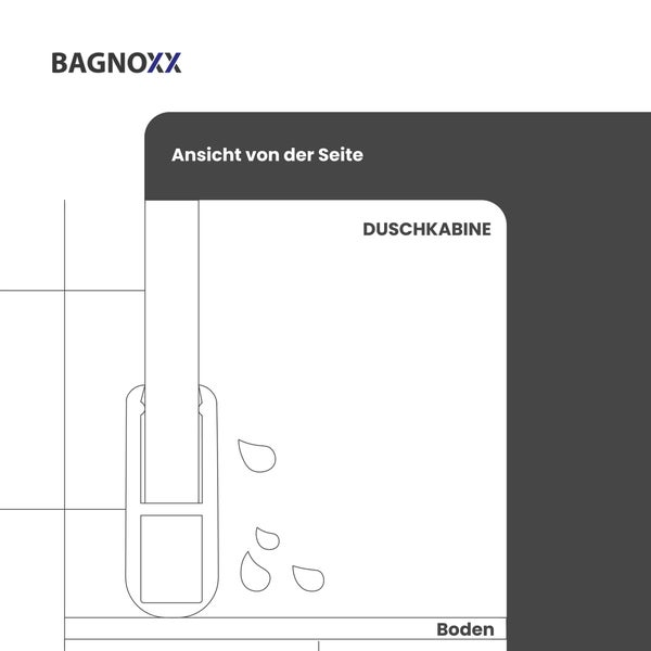 Bagnoxx Logo. Technische Zeichnung einer Duschkabinen-Dichtung in der Seitenansicht am Boden.