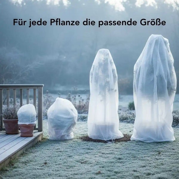 Pflanzenschutzhauben aus Vlies in verschiedenen Größen zum Schutz von Topfpflanzen im winterlichen Garten.