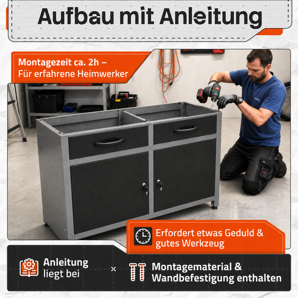 Mann montiert Metall-Werkzeugschrank. Montagezeit circa zwei Stunden. Anleitung, Montagematerial und Wandbefestigung sind enthalten.