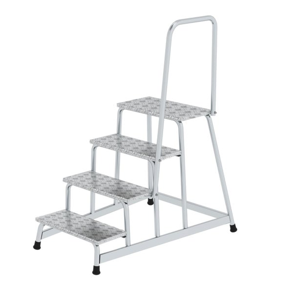 Stabile Aluminium Podestleiter mit vier Stufen und rutschfester Riffelblechoberfläche für sicheres Arbeiten.