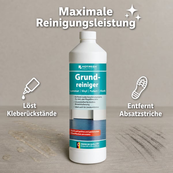 Hotrega Grundreiniger für Laminat, Vinyl, Parkett und Kork zur Entfernung von Verschmutzungen, Kleberückständen und Absatzstrichen.