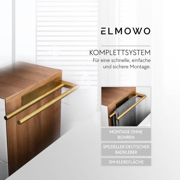 ELMOWO Handtuchhalter zur Montage ohne Bohren mit speziellem Badkleber und 3M Klebefläche fuer Badezimmermoebel aus Holz.
