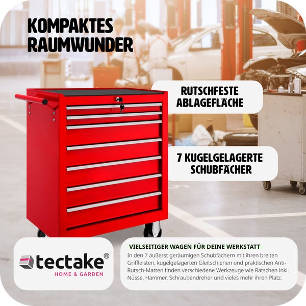 Werkzeugwagen tectake  Rollen Ø 100 mm 7 kugelgelagerte Schubladen mit Antirutschmatten rot