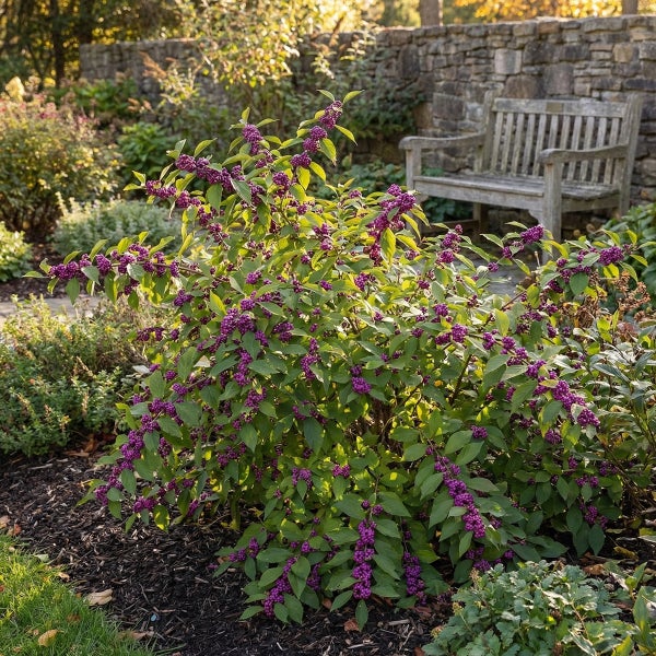 Liebesperlenstrauch Callicarpa bodinieri Profusion im Garten mit lila Beeren vor einer Steinmauer und einer Holzbank.