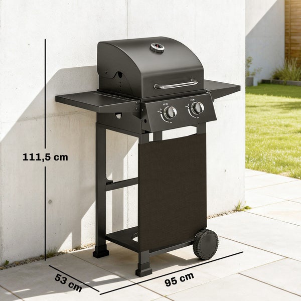 Schwarzer Gasgrill mit zwei Brennern und Seitenablagen. Maße: 111,5 Zentimeter hoch, 95 Zentimeter breit, 53 Zentimeter tief.