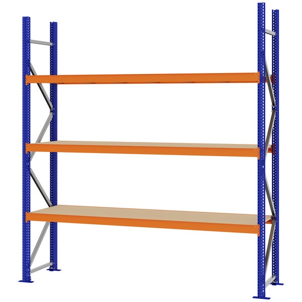 Schwerlastregal mit blauen Metallständern, orangefarbenen Traversen und drei Holzböden.