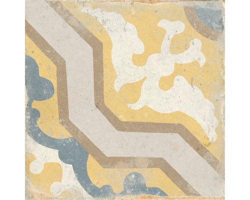 Quadratische Bodenfliese aus Feinsteinzeug mit ornamentalem Muster im Vintage-Stil.