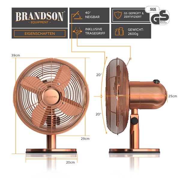 Brandson Tischventilator, Ventilator mit 3 Leistungsstufen, mobiler Lüfter im Retro Design, Zuschaltbare 80° Oszillation, Neigungswinkel ca. 40°
