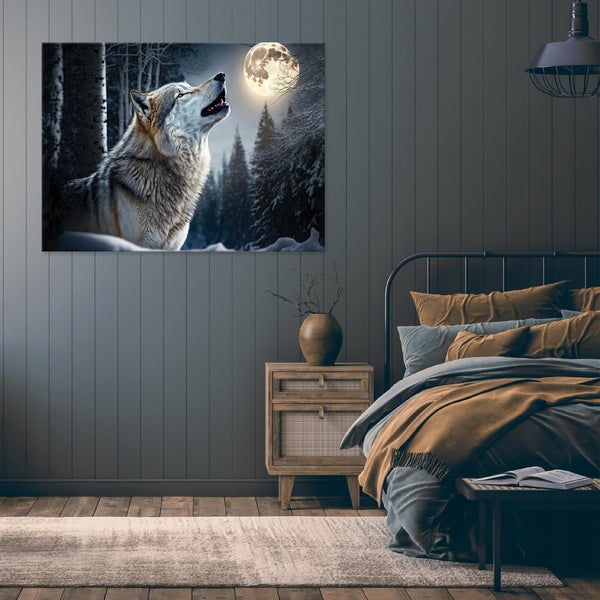 Schlafzimmer mit Bett, Nachttisch und einem Wandbild, das einen Wolf zeigt, der den Mond anheult.