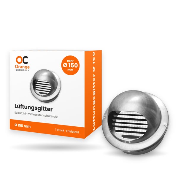 Edelstahl Lüftungsgitter mit Insektenschutznetz, Durchmesser 150 Millimeter, für Rohre, in Originalverpackung von Orange Commerce