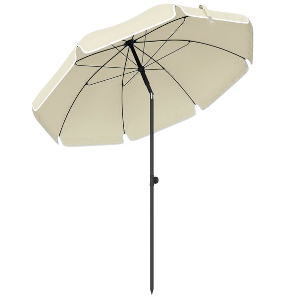 Beige Sonnenschirm am Strand, Durchmesser 150 Zentimeter, Gesamthöhe 185 Zentimeter, Durchgangshöhe 140 Zentimeter.