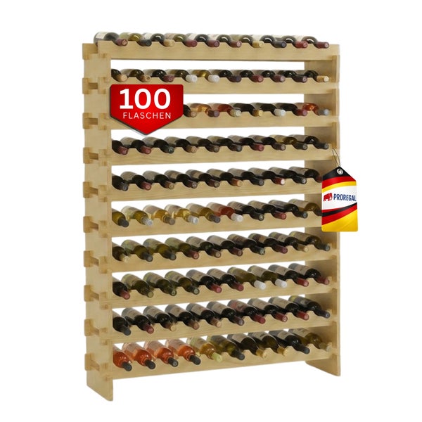 Weinregal aus Holz für einhundert Flaschen mit Proregal Logo.