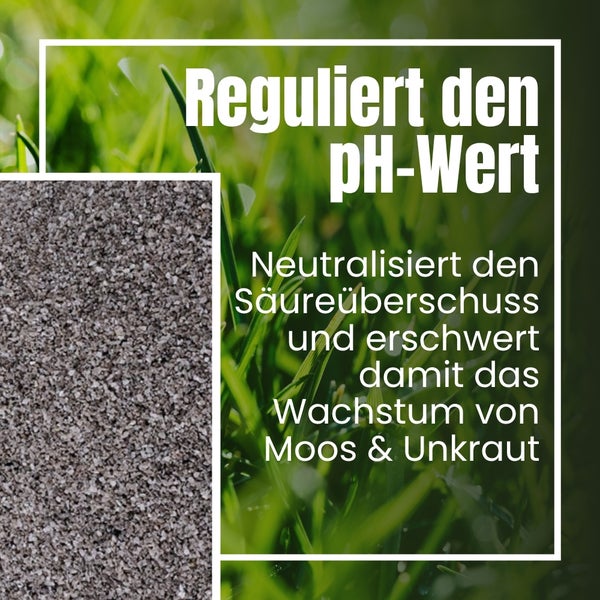 Bild von Rasenkalk zur Regulierung des pH-Werts, Neutralisierung von Säureüberschuss und Hemmung des Wachstums von Moos und Unkraut.