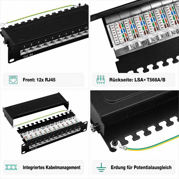 Patchpanel Kategorie 6A mit 12 RJ45 Anschlüssen, LSA plus Anschlusstechnik, integriertem Kabelmanagement und Erdung für den Potentialausgleich.