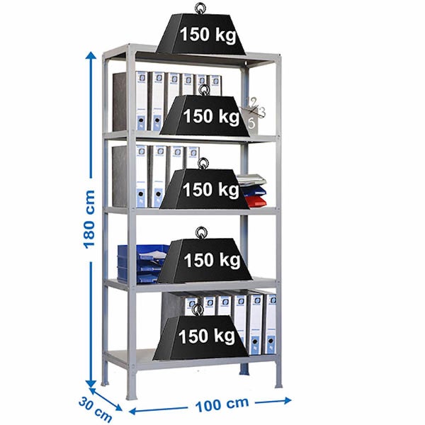 Metallregal mit fünf Fachböden, Höhe 180 Zentimeter, Breite 100 Zentimeter, Tiefe 30 Zentimeter. Tragkraft pro Fachboden 150 Kilogramm.