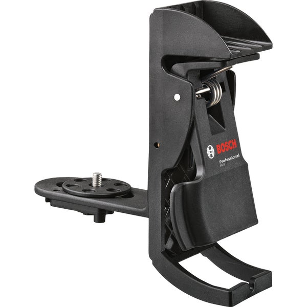 Schwarze Bosch Professional Universalhalterung BM3 mit Gewindeschraube und Klemmvorrichtung aus Kunststoff.