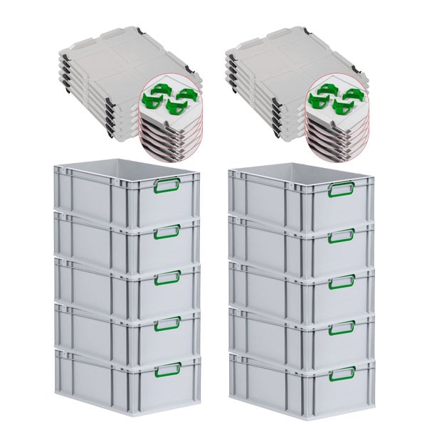 PROREGAL Spar Set 10x Eurobox Nextgen Color Mit Auflagedeckel & Schiebeschnappverschlüsse HxBxT 22 x 40 x 60 cm Griffe Grün Verstärkter Boden