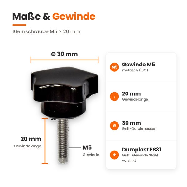 Technische Zeichnung einer Sternschraube mit M5 Gewinde und 20 Millimeter Gewindelänge sowie 30 Millimeter Griffdurchmesser aus Duroplast und Stahl.