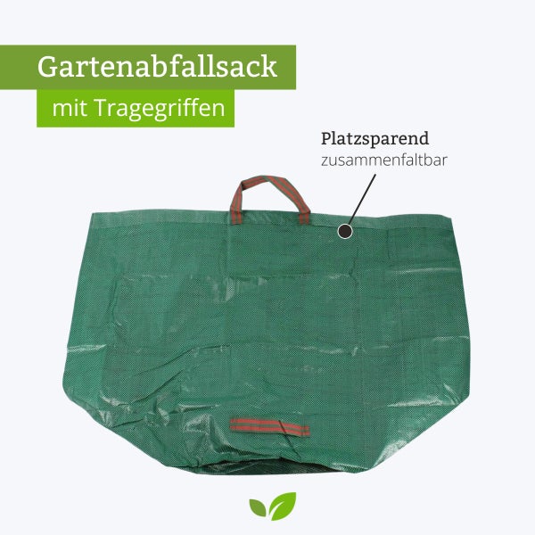 Gartenabfallsack mit Tragegriffen, platzsparend zusammenfaltbar für einfachen Transport und Lagerung.