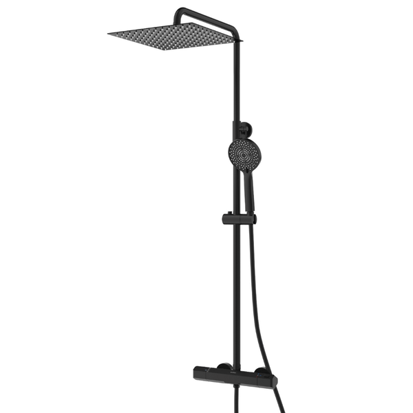 EcoRain Wassersparende Regenbrausegarnitur Tyler 30 CM Quadratisch Schwarz mit Thermostatarmatur - 30% Wassereinsparung -Regenbrauseset - 12 CM Handbrause - Universal Kopfbrause - Anti-Kalk-Brausekopf