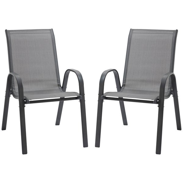 Outsunny 2er Set Gartenstuhl Stapelstuhl mit Armlehne Essstühle Garten Metall Mesh-Gewebe Grau 70 x 54 x 90 cm