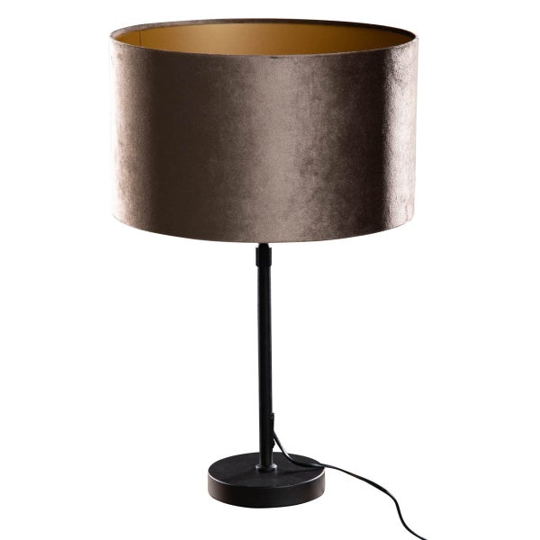 Tischleuchte mit zylindrischem Stoffschirm und schwarzem Fuß