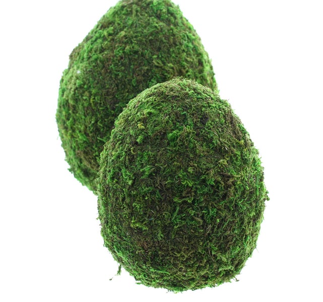 Dekorative Moos-Eier auf einem Holztisch im Garten.