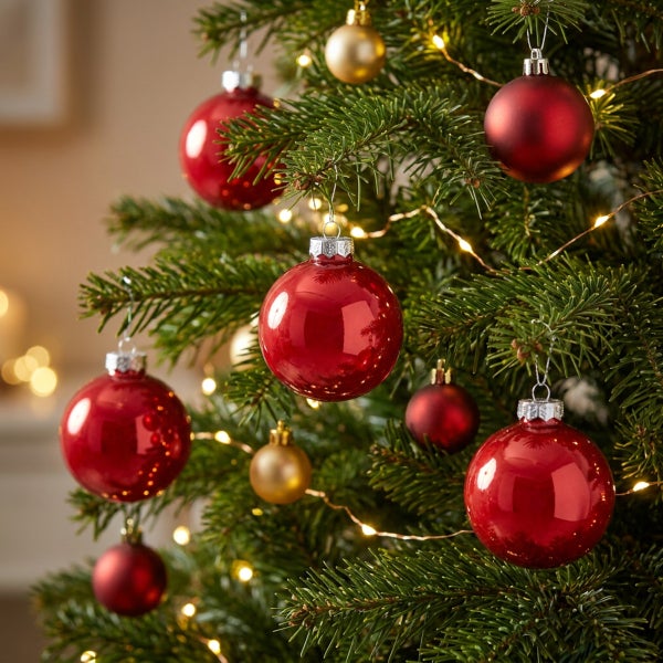 Weihnachtsbaum geschmückt mit glänzenden und matten Kugeln in weihnachtlichen Farben und einer LED Lichterkette