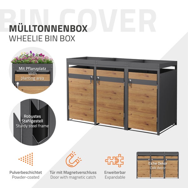 Mülltonnenbox für drei Tonnen, pulverbeschichtetes Stahlgestell, Türen in Eiche-Optik, Magnetverschluss, erweiterbar, mit Pflanzwanne.