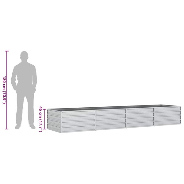 Rechteckiges Hochbeet aus Metall mit einer Höhe von 45 Zentimeter neben einer 180 Zentimeter großen Silhouette zum Größenvergleich.