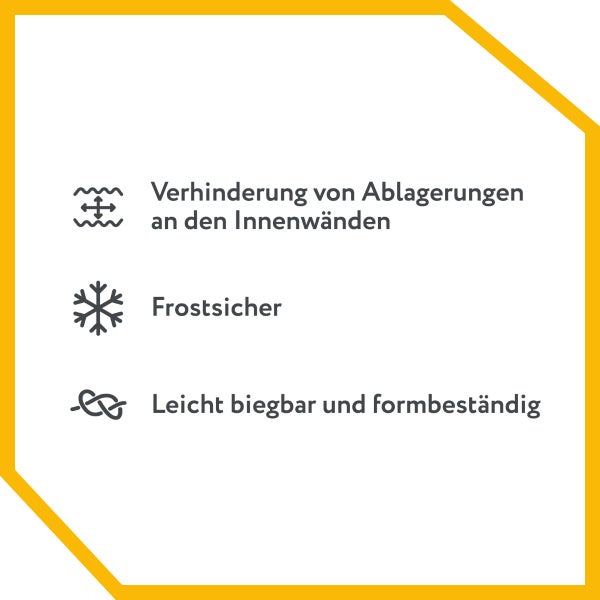 Symbole für Verhinderung von Ablagerungen an den Innenwänden, Frostsicherheit, leichte Biegbarkeit und Formbeständigkeit