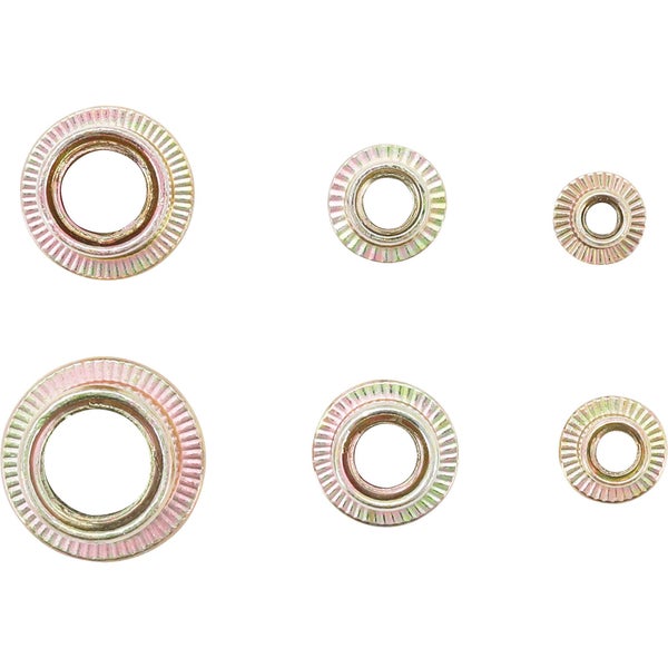 Sechs Rändelmuttern in verschiedenen Größen