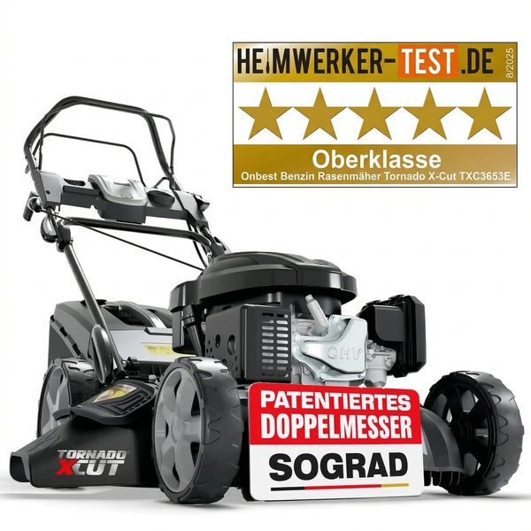 Onbest Benzin-Rasenmäher Tornado X-Cut TXC3653E, Heimwerker-Test.de Siegel Oberklasse fünf Sterne, patentiertes Doppelmesser Sograd.