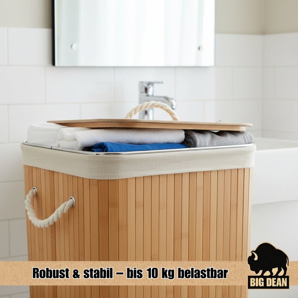 Badezimmer Szene mit einem Wäschekorb aus Bambus mit Deckel und Wäschesack