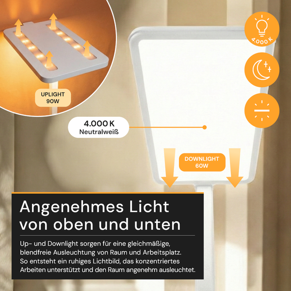 LED-Stehleuchte für das Büro mit 90 Watt Uplight und 60 Watt Downlight, 4000 Kelvin neutralweißes Licht für blendfreie Arbeitsplatzbeleuchtung.