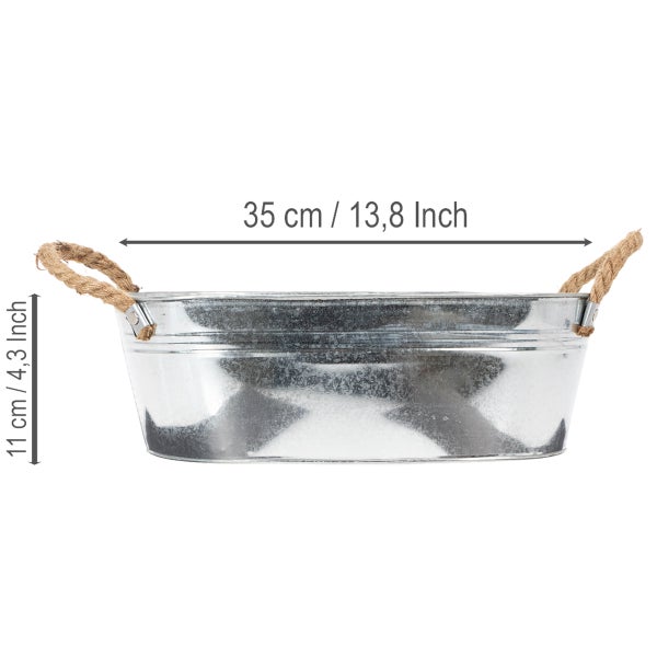 Ovales Pflanzgefäß aus verzinktem Metall mit Seilgriffen, Länge 35 Zentimeter, Höhe 11 Zentimeter.