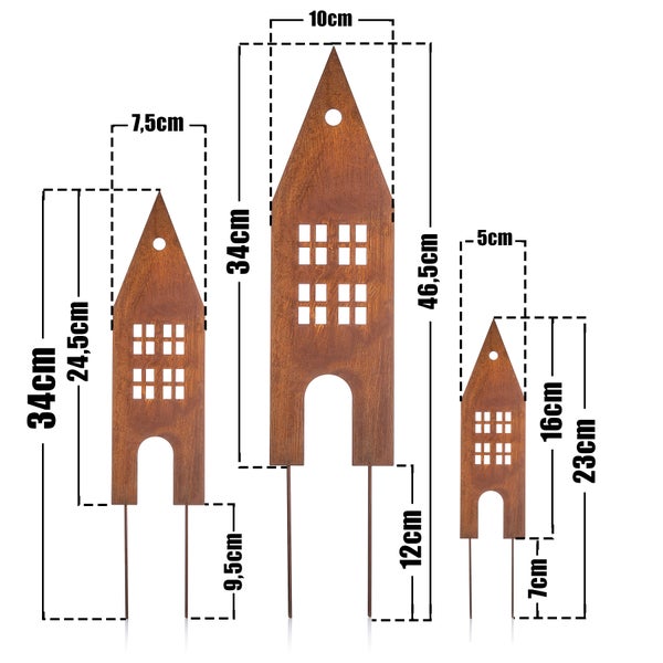 Drei rostige Metallhäuser mit Maßangaben