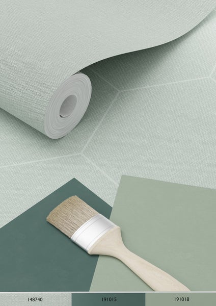 Tapetenrolle mit geometrischem Muster, Farbpalette und Pinsel