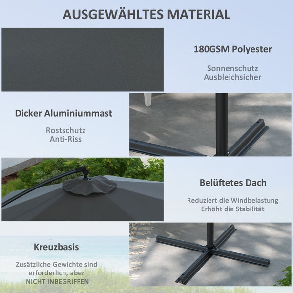 Outsunny Ampelschirm mit Kreuzfuß, mit Kurbel, Neigung und 8 Rippen, für Außenpool, Garten, Balkon,  Ø293 cm, Metall, Polyester, Grau