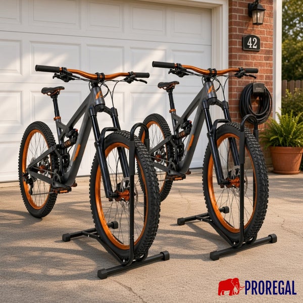 Zwei Mountainbikes auf stabilen Fahrradständern vor einer Garageneinfahrt, Proregal Logo.